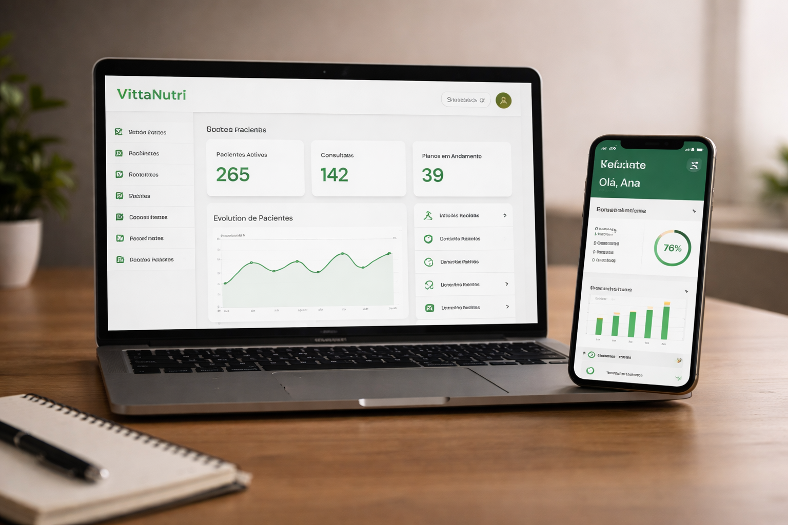 Painel do app VittaNutri no notebook e celular