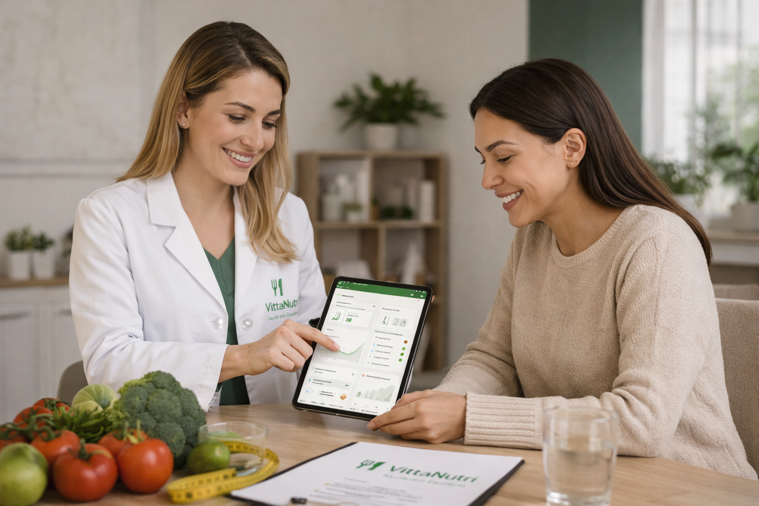 Consulta nutricional com tablet e dados de acompanhamento